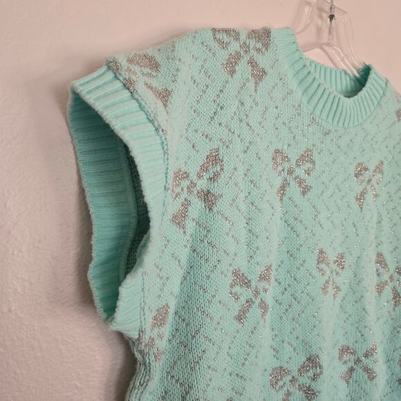 Vintage 80's Metallic Bow Print Cap Sleeve Pullover Sweater Blue Silver Retro - Picture 5 of 7